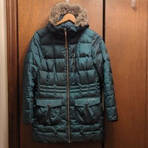 Eddie Bauer Women's Teal Puffer Jacket with Faux Fur Hood